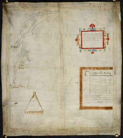 Karta över Bayford och Goodmanston herrgårdar i Murston och Sittingbourne, co. Kent: 1590 (bläck och färgtvätt på pergament) av Christopher Saxton