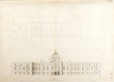 Hampton Court Palace, delplan och skisshöjd för en entréfasad, troligen för 2:a schemat, numrerad 5 & 6 av Christopher Wren