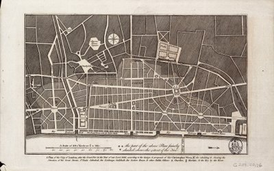 Plan över staden London efter den stora branden 1666 (tryck) av Christopher Wren