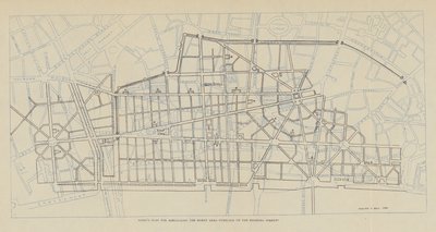 Sir Christopher Wrens plan för återuppbyggnad av det nedbrunna området överlagrad på de befintliga gatorna (litografi) av Christopher Wren