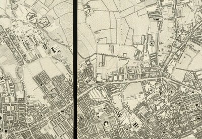 Detalj av området runt Pentonville, från Map of London, från en faktisk undersökning som gjordes 1824 av Christopher and John (fl.1821 40) Greenwood