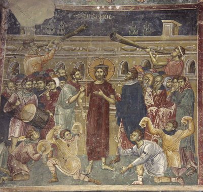 The Mocking of Jesus-scenen för musikerna, ca 1317 av Chrostiras Michael