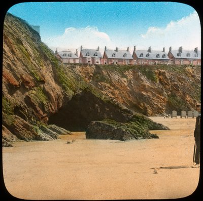 Strand och klippor, Newquay, Cornwall, sent 1800- eller tidigt 1900-tal av Church Army Lantern Department