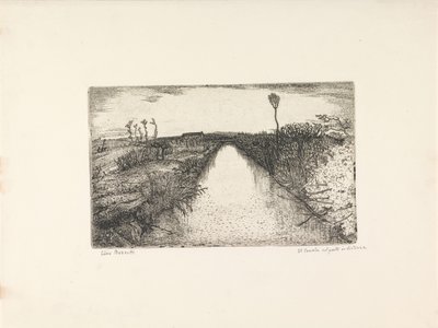 Landskap med kanal Il canale col ponte in distanza (titel på objekt) av Cino Bozzetti