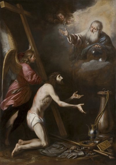 Spanska: Cristo flagelado arrodillado ante Dios Padre (Den gisslade Kristus knäböjer inför Gud Fadern) av Circle of Antonio del Castillo y Saavedra