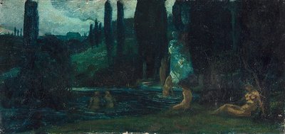 Kvinnor som badar på kvällen i ett sydligt landskap av Circle of Arnold Böcklin