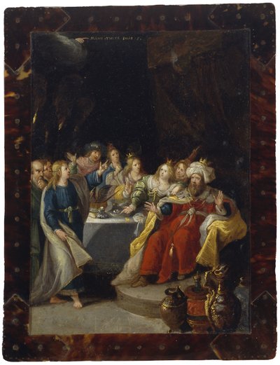 Belsassars högtid, utan datum (olja på koppar) av Circle of Frans Francken the Younger