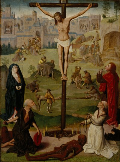 Korsfästelsen med St Hieronymus och St Dominic och scener ur passionen av Circle of Geertgen tot Sint Jans