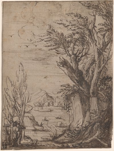 Landskap med knotiga träd och fiskare av Circle of Jacques de Gheyn