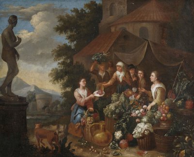 Säljer grönsaker och blommor i ett italienskt marknadsstånd. av Circle of Norbert van Bloemen