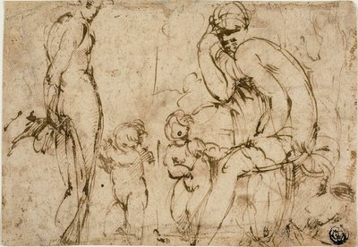 Venus och Mars med Putti (recto); Skäggig man rör sig åt höger (verso) av Circle of Parmigianino