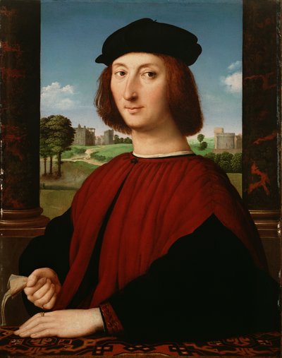 Porträtt av en ung man i rött av Circle of Raphael
