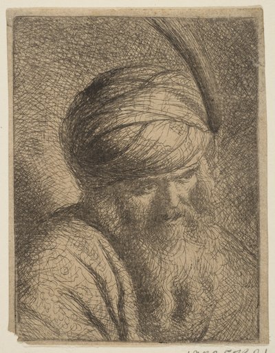 Byst av en man i fjäderturban och långt skägg.n.d. av Circle of Rembrandt