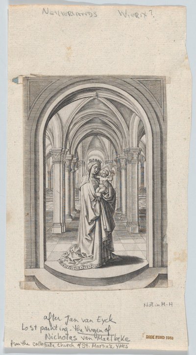 Jungfru och barn i en kyrka, även känd som Van Maelbeke Virgin, 1575-1585.. av Circle of the Brothers Wierix.