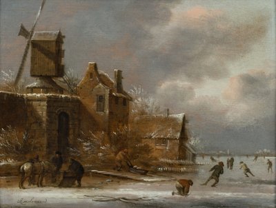 Ett vinterlandskap med skridskoåkare på en frusen flod utanför en by av Claes (1630 76) Molenaer
