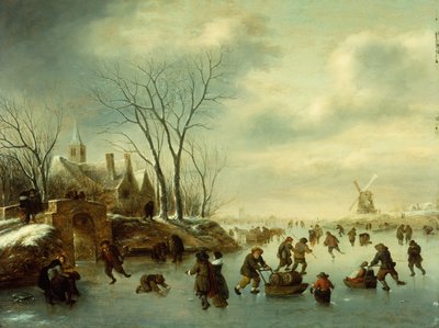 Vinterlandskap med skridskoåkare (olja på pannå) av Claes (1630-76) Molenaer