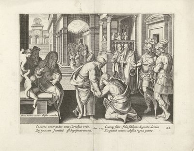 Cornelius knäböjer framför Peter Apostlarnas handlingar (serietitel) Acta Apostolorum (serietitel) av Claes Jansz. Visscher (II) (attributed to workshop of)