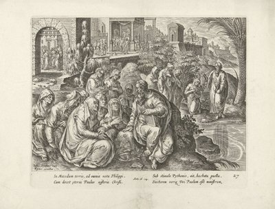 Paulus omvänder kvinnorna i Filippi Apostlarnas handlingar (serietitel) Acta Apostolorum (serietitel) av Claes Jansz. Visscher (II) (attributed to workshop of)