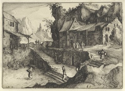 Bergsby med hus och trappor Holländska landskap (serietitel) Amaeniores Aliquot Regiunculae (serietitel på objekt) av Claes Jansz. Visscher (II)