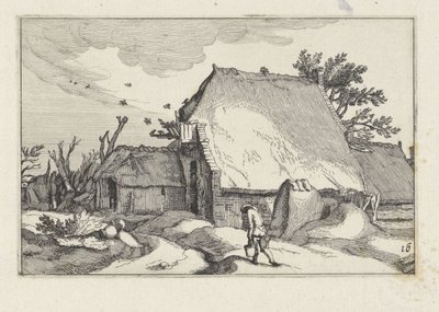 Gård och man med två hinkar Landskap med gårdar (serietitel) av Claes Jansz. Visscher (II)