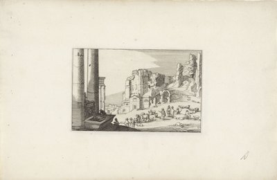 Kuperat landskap med en fontän och herdar Italienska landskap med ruiner (serietitel) Variae antiquitates Romanae (serietitel på objekt) av Claes Jansz. Visscher (II)