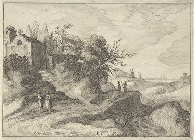 Kapell på en slingrande landsväg Holländska landskap (serietitel) Amaeniores Aliquot Regiunculae (serietitel på objekt) av Claes Jansz. Visscher (II)