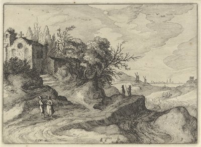 Kapell på en slingrande landsväg Holländska landskap (serietitel) Amaeniores Aliquot Regiunculae (serietitel på objekt) av Claes Jansz. Visscher (II)