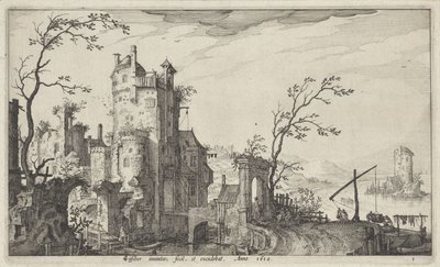 Ruinös stadsport vid vattnet av Claes Jansz. Visscher (II)