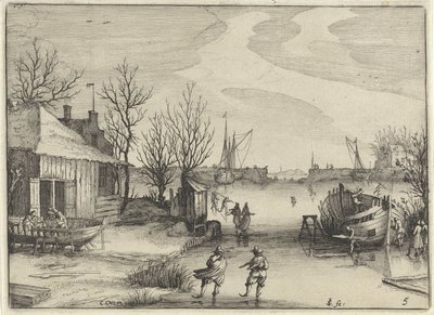 Skeppsvarv på en frusen kanal Holländska landskap (serietitel) Amaeniores Aliquot Regiunculae (serietitel på objekt) av Claes Jansz. Visscher (II)