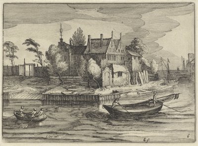 Sloopar på ett gods Holländska landskap (serietitel) Amaeniores Aliquot Regiunculae (serietitel på objekt) av Claes Jansz. Visscher (II)