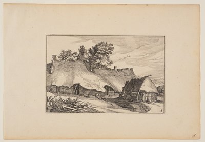 En gård, en man i dörröppningen, från Landskap (Verscheyden aerdige Lanthuysen...) av Claes Jansz. Visscher