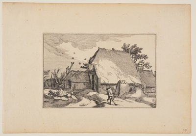 En gård, man med två hinkar på stigen framför, från Landskap (Verscheyden aerdige Lanthuysen...) av Claes Jansz. Visscher