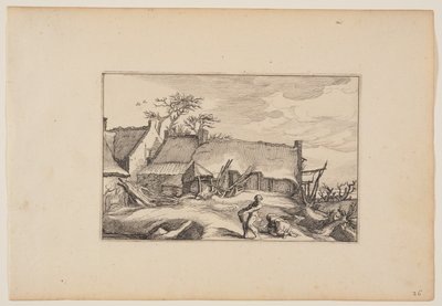 En bondgård med en man som bär en korg i förgrunden, från Landskap (Verscheyden aerdige Lanthuysen...) av Claes Jansz. Visscher