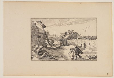 En by, stege som står mot huset till vänster, från Landskap (Verscheyden aerdige Lanthuysen...) av Claes Jansz. Visscher