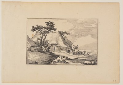 Ladugårdar, vilande man med äggkorg i förgrunden, från Landskap (Verscheyden aerdige Lanthuysen...) av Claes Jansz. Visscher