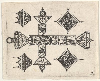 Svarttryck med ett latinskt kors och fyra motiv, ca. 1620. av Claes Jansz Visscher