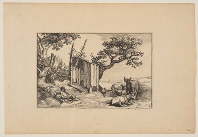 Förfallen ladugård med hjord och nötkreatur, från Landskap (Verscheyden aerdige Lanthuysen...) av Claes Jansz. Visscher