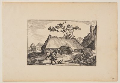 Gård med skjul för en vagn, man med skällande hund, från Landskap av Claes Jansz. Visscher