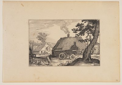 Gårdar, chassit till en vagn i mitten, från Landskap (Verscheyden aerdige Lanthuysen...) av Claes Jansz. Visscher