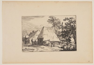 Gårdsplan, man vilar på ett staket till vänster om mitten, från Landskap (Verscheyden aerdige Lanthuysen...) av Claes Jansz. Visscher
