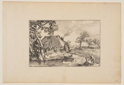 Gammal man och kvinna som vilar vid en damm, från Landskap (Verscheyden aerdige Lanthuysen...) av Claes Jansz. Visscher