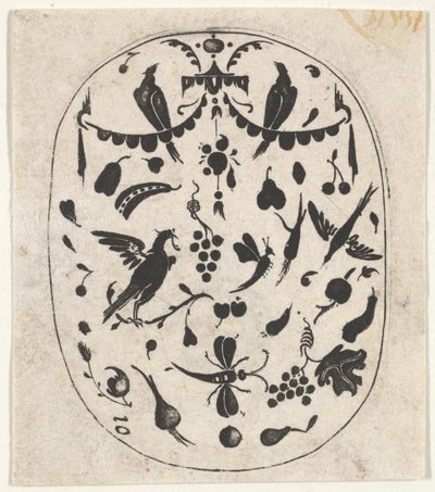 Ovalt svarttryck med fåglar, insekter och frukter, ca. 1620. av Claes Jansz Visscher