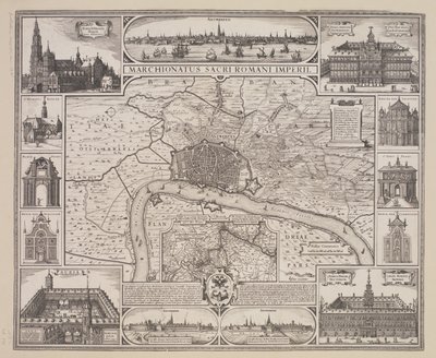 Plan över Antwerpen med prospekt över staden och de viktigaste byggnaderna av Claes Jansz. Visscher