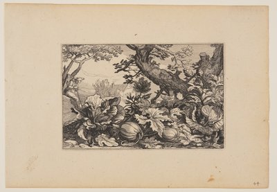 Träd och meloner, från landskap (Verscheyden aerdige Lanthuysen...) av Claes Jansz. Visscher