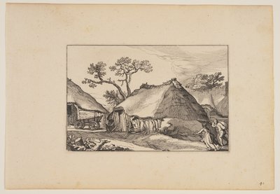 Två ladugårdar, vagnen till vänster, från Landskap (Verscheyden aerdige Lanthuysen...) av Claes Jansz. Visscher