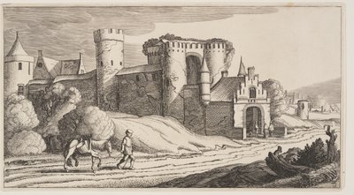 En bonde med en häst på en väg nära stadsmuren, från Landskap (Playsante Lantschappen) av Claes Jansz. Visscher II