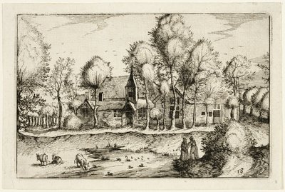 En damm, plåt arton efter Bilder av gårdar, lanthus och rustika byar (Praediorum villarum et rusticarum casularum icones) av Claes Jansz. Visscher II