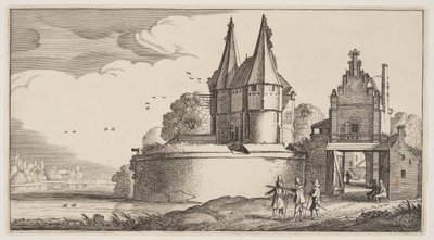 Bastion och stadsport vid en flod, från Landskap (Playsante Lantschappen) av Claes Jansz. Visscher II