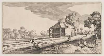 Vägkorsning nära en vattenkvarn, från Landscapes (Playsante Lantschappen) av Claes Jansz. Visscher II