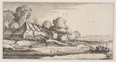 Andjakt från en radbåt nära en gård, från Landscapes (Playsante Lantschappen) av Claes Jansz. Visscher II